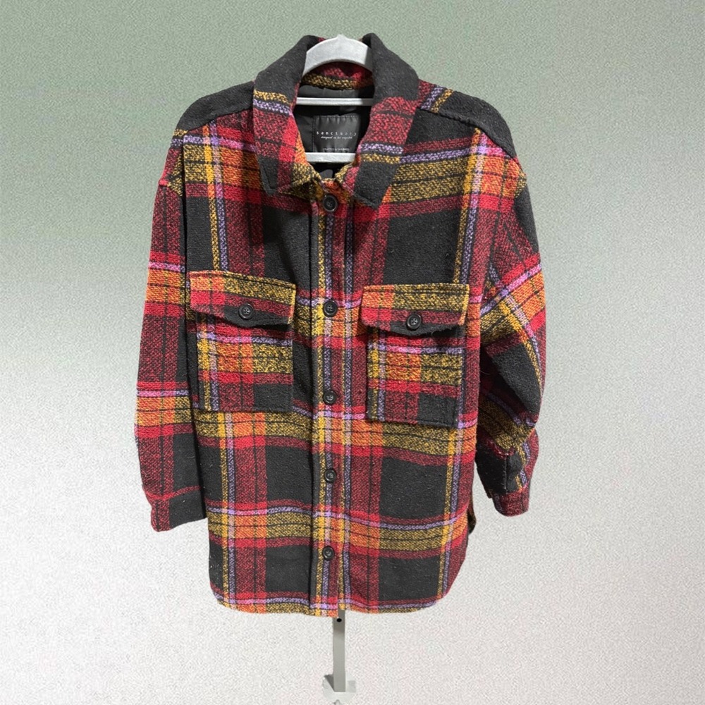 Sanctuary‎ Plaid Jacket Women Red Yellow Purple Black Button Front Pockets